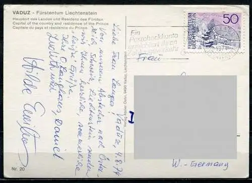 (4443) Vaduz - Fürstentum Liechtenstein - Mehrbildkarte mit Wappen u. Briefmarkenmotiven - gel. 1974