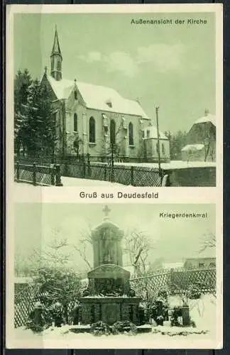 (4578) Gruß aus Deudesfeld - Außenansicht der Kirche / Kriegerdenkmal - n. gel. - Z 77