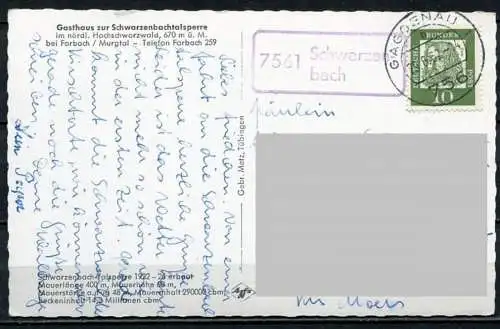 (4522) Gasthaus zur Schwarzenbachtalsperre bei Forbach / Murgtal - gel. 1962 - Agfa