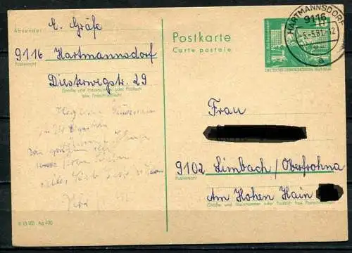 (477) GS DDR Ganzsache Postkarte P79   Hartmannsdorf