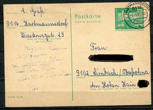 DDR Ganzsache Postkarte P79  (B477) Hartmannsdorf