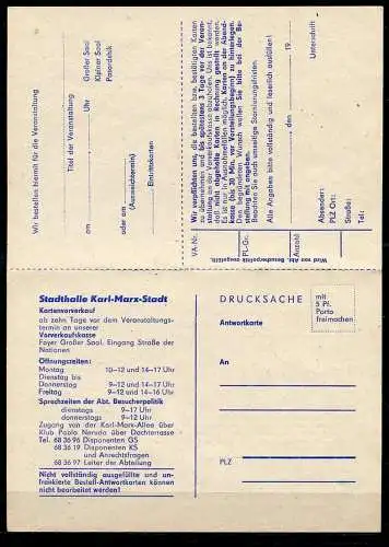 (470) GS DDR Bestellkarte mit Antwort Stadthalle Karl-Marx-Stadt 1983  