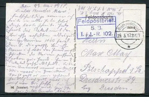 (04042) Rethel - Feldzug 1914/17 - gel. 29.5.1917 - Stempel: Deutsche Feldpost und Feldpostbrief S. B. I. J.-R. 102.