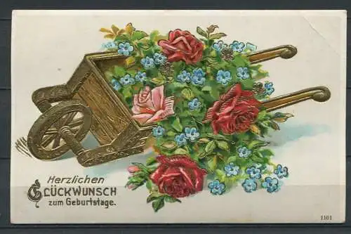 (3997) Herzlichen Glückwunsch zum Geburtstage - Prägedruck goldfarben - Rosenmotiv - beschrieben um ca. 1915