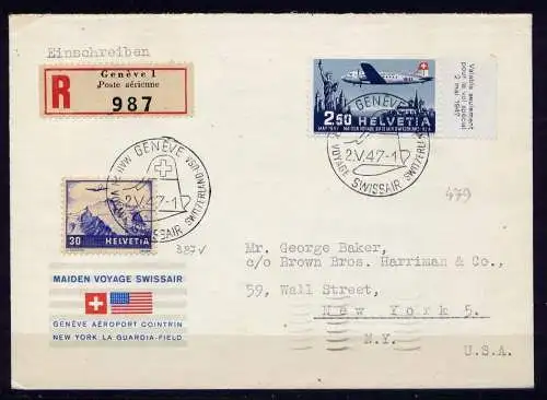 (905) Schweiz Nr.479 Erstflug Geneve - New York USA  02.05.1947        FDC