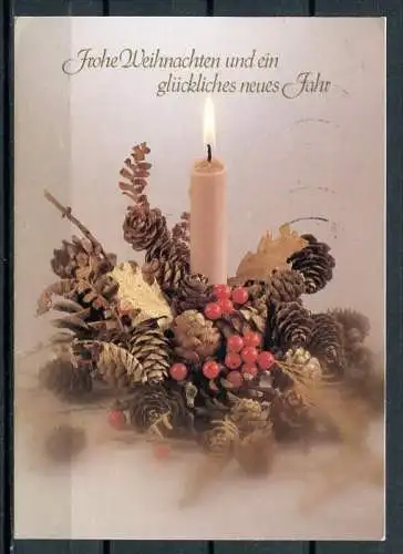 (03299) Weihnachtskarte/ Kerze mit natürlichem Schmuck - gel.
