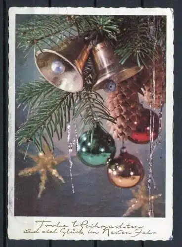 (3284) Weihnachtskarte - Weihnachtsgruß in goldfarbener Schrift - geschmückter Tannenzweig - gel.