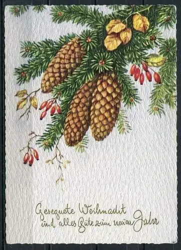 (3283) Weihnachtskarte - Weihnachtsgruß in goldfarbener Schrift - Tannenzweig - gel. 1966