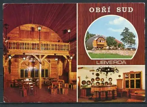 (3254) Libverda( deutsch: Liebwerd), Stadtteil von Decin/ Restaurant Obri sud (Riesenfass) - gel. (DDR-Frankierung)