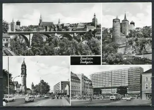 (3198) Bautzen/ Mehrbildkarte s/w - gel. - DDR - Omnibus, Trabant