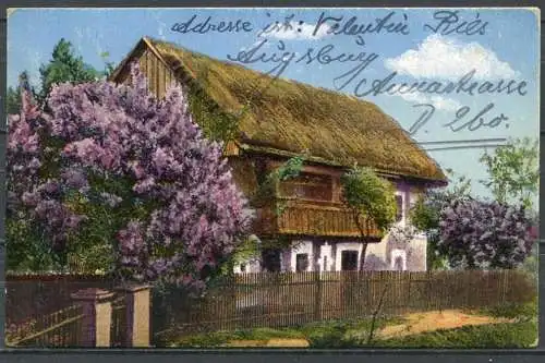 (2911) Idylle / Wohnhaus mit Schilfdach / Flieder - gel. 1922 - Fotochrom L. & P. 7014