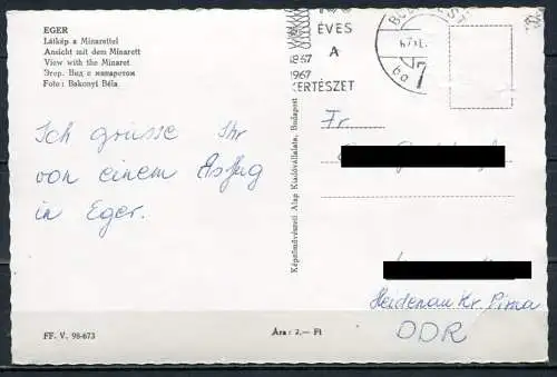 (2836) Eger (deutsch: Erlau) /Ansicht mit dem Minarett - gel. 1967 - Nr. FF V.-98-673  Bildkunstverlag Budapest