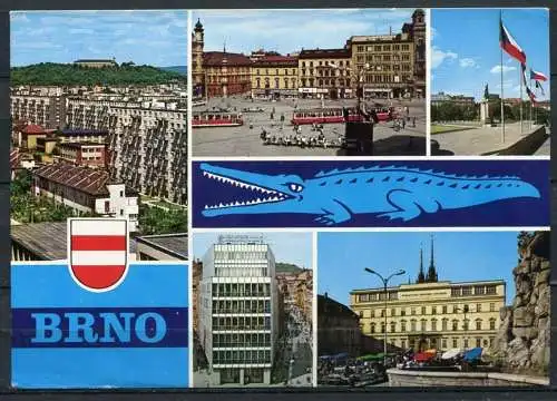 (2742) CSSR / Brno (deutsch: Brünn) / Mehrbildkarte m. Wappen / Straßenbahn - gel. 1975 - Verlag Pressfoto Praha