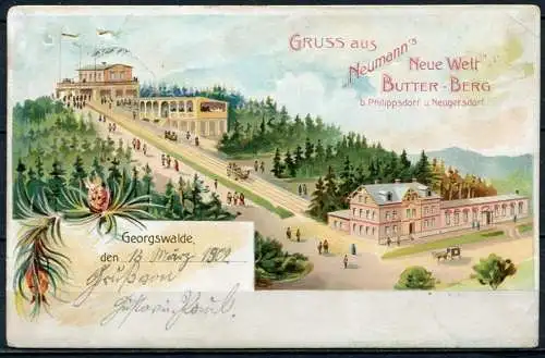 (2696) Lithograpie / Gruss aus "Neumann's Neue Welt Butter-Berg" Georgswalde (Jirikov) - gel. 1902