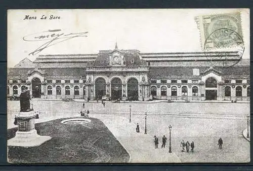 (2421) Mons / Bahnhof mit Bahhofsvorplatz / La Gare - gelaufen ca. 1908