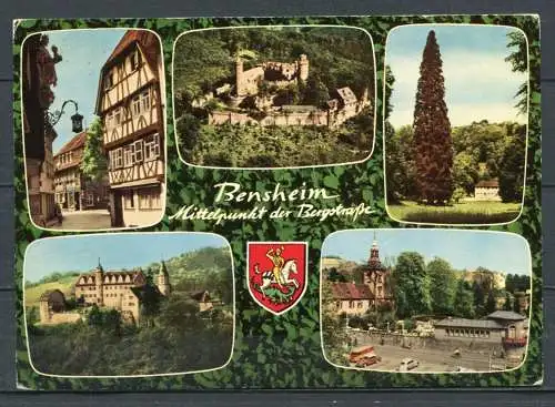 (1969) Bensheim - Mittlepunkt der Bergstraße / Mehrbildkarte m. Wappen - gel.