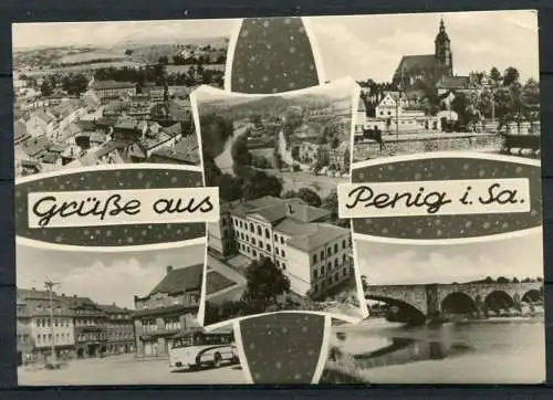 (0838) Grüße aus Penig i. Sa. / Mehrbildkarte s/w / Oldtimer-Omnibus - gel. 1963 - DDR
