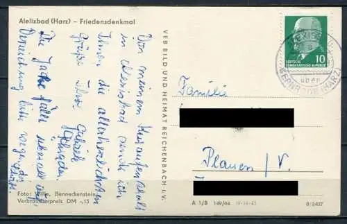 (0358) Alexisbad (Harz) - Friedensdenkmal - gel. ca. 1964 - DDR - Bild und Heimat   149/64  8/2407