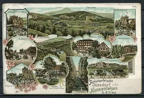 (0223) Lithographie Sommerfrische Jonsdorf u. die Nonnenfelsen b. Zittau - gel. - Nackdruck verboten (1905)