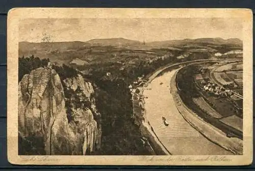 (0154) Blick von der Bastei nach Rathen - gelaufen - ca. 30er Jahre