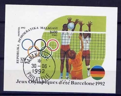 Madagaskar Block 191         O  used       (006) Olympiade 1992 Barcelona Volleyball