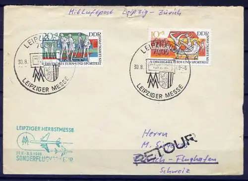 DDR Nr.1484 + 1486    Brief   (B020)  (Jahr:1969) Luftpost Sonderflugverkehr Leipzig - Zürich RETOUR