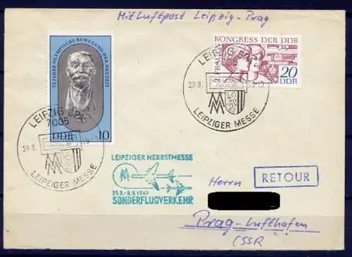 DDR Nr.1474 + 1489     Brief   (B013)  (Jahr:1969) Sonderflugverkehr Luftpost Leipziger Herbstmesse Leipzig - Prag