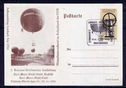 (1516) DDR Postkarte Sonderstempel Briefmarken-Ausstellung  Limbach-Oberfrohna 1985 ungelaufen 