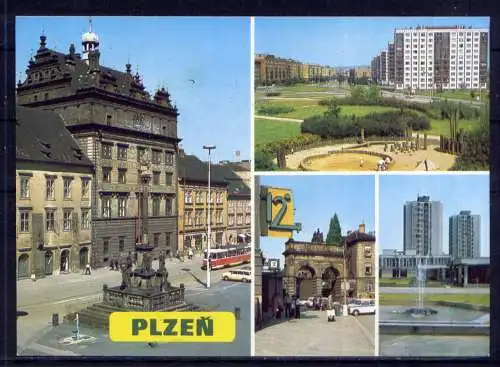 (5845) Pilzen - beschrieben / Tschechische Republik Pilsen Rathhaus PKW