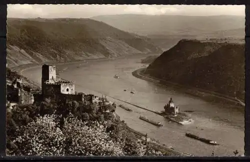 [Echtfotokarte schwarz/weiß] 152 * DER RHEIN BEI KAUB, BURG GUTENFELS UND DIE PFALZ **!!. 