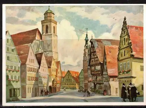 [Künstlerpostkarte Unikat gemalt/gezeichnet] 144 * KÜNSTLERKARTE * DINKELSBÜHL GESAMTBLICK VOM WEINMARKT ZUM HAUPTMARKT * 1952 **!!. 