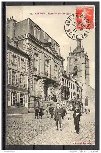 [Echtfotokarte schwarz/weiß] 342 * AVESNES * HOTEL DE VILLE ET EGLISE * 1911 **!!. 