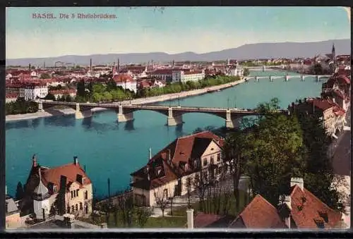[Echtfotokarte farbig] 362 * BASEL * DIE 3 RHEINBRÜCKEN * VERSANDT VON LÖRRACH 1915 ALS FELDPOST **!!. 
