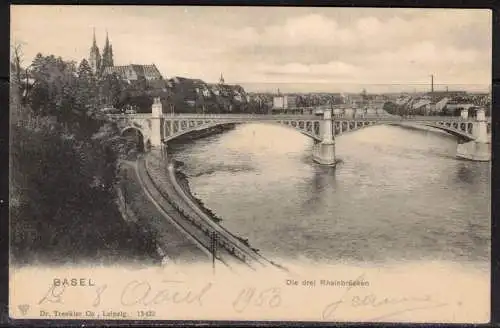 [Echtfotokarte schwarz/weiß] 363 * BASEL * DIE DREI RHEINBRÜCKEN * DRUCKSACHE NACH BRÜSSEL * 1903 **!!. 