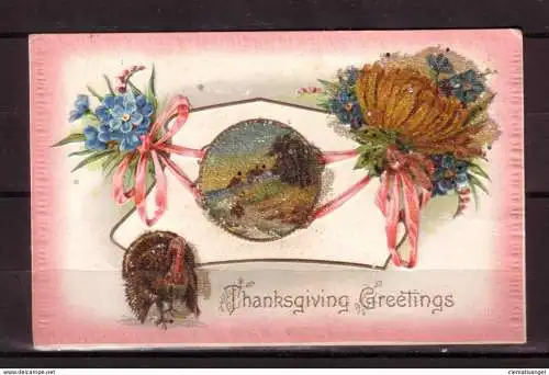 [Echtfotokarte farbig] 372 * THANKSGIVING GREETINGS * SUPER PRÄGEKARTE GLITZERND * 1913 **!!. 