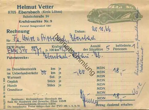 Rechnung über eine Fahrt von Ebersbach nach Löbau und zurück 1966 - Helmut Vetter Ebersbach (Kreis Löbau) Bahnhofstrasse