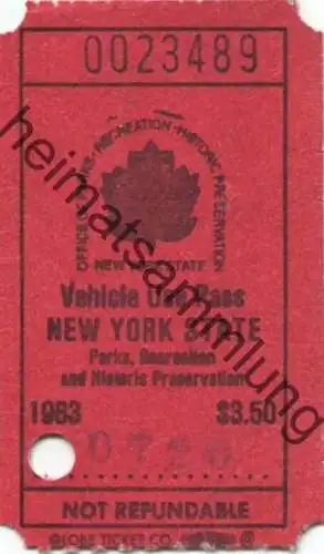 USA - Vehicle Use Pass New York State - Parks 1983