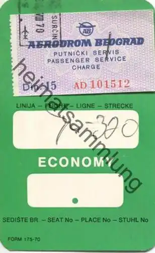 Boarding Pass - Aerodrom Beograd - Din 15