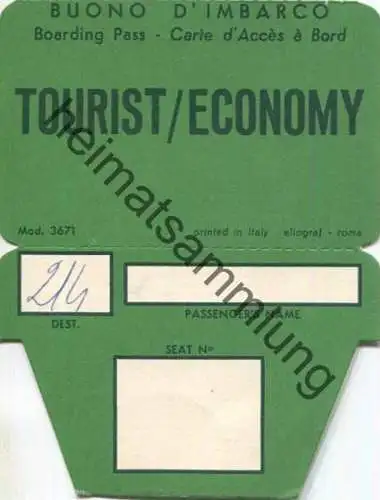Boarding Pass - Buono d' Imbarco - Stempel: Aeroporto Milano-Linate LIT. 700 Tassa d' Imbarco