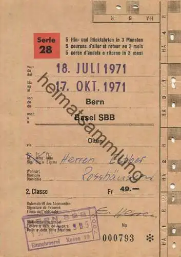 Schweiz - Bern Basel SBB - 5 Hin- und Rückfahrten in 3 Monaten - Serie 28 - Fahrkarte 1971