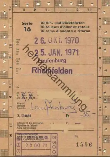 Schweiz - Laufenburg Rheinfelden - 10 Hin- und Rückfahrten - Serie 16 - Fahrkarte 1970/71