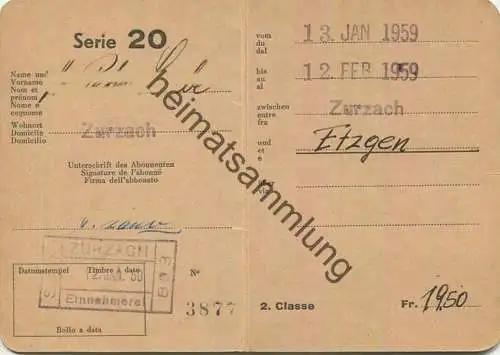 Schweiz - Persönliches Schüler- und Lehrlingsabonnement - Serie 20 - Zurzach Etzgen - Fahrkarte 1959