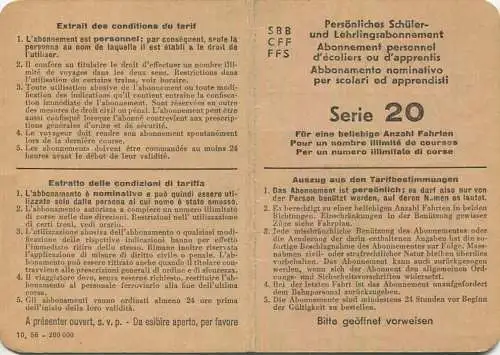 Schweiz - Persönliches Schüler- und Lehrlingsabonnement - Serie 20 - Zurzach Etzgen - Fahrkarte 1959