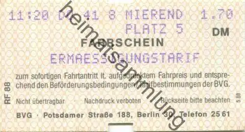 Deutschland - Berlin - BVG - Fahrschein Ermäßigung 1988