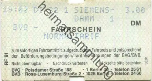 Deutschland - Berlin - BVG - BVB - Fahrschein Normaltarif 1991