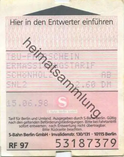 Deutschland - Berlin - TBU-Fahrschein - Ermäßigungstarif - Fahrschein 1998