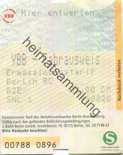 Deutschland - Berlin - VBB Fahrausweis - Ermäßigungstarif - Fahrschein 1999