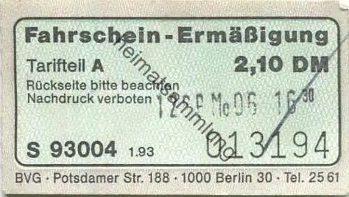 Deutschland - Berlin - BVG - Fahrschein Ermäßigung 1993