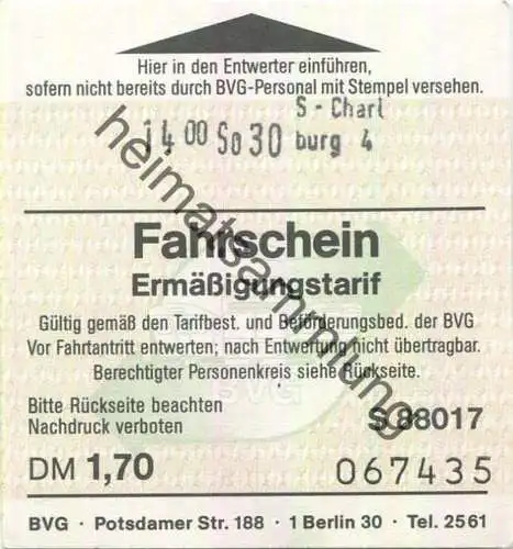 Deutschland - Berlin - BVG - Ermäßigungstarif Fahrschein DM 1,70 1988