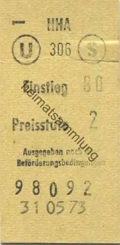 Deutschland - Hamburg - HHA Hamburger Hochbahn AG - Fahrkarte U S Preisstufe 2 1973